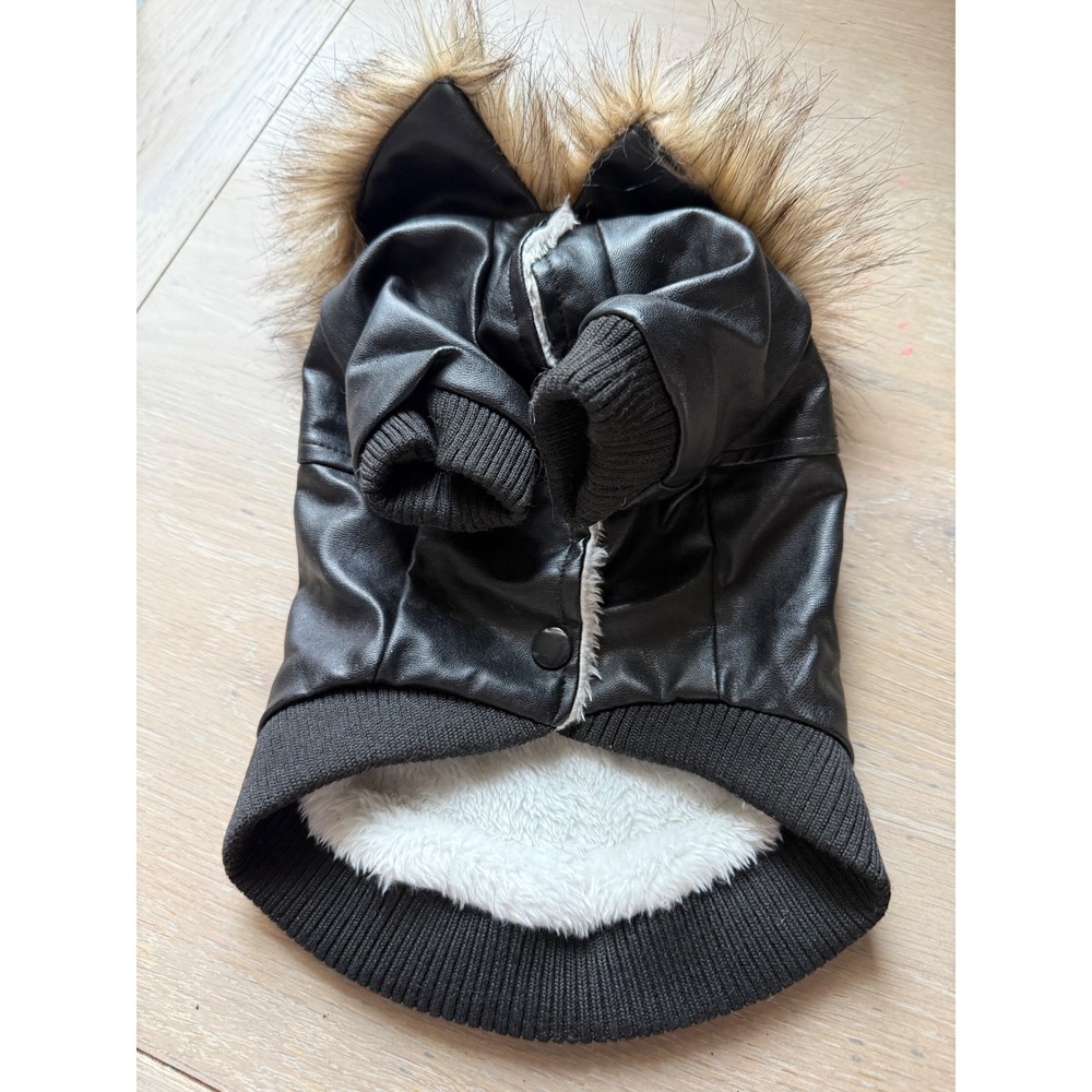 Black Faux Leather Dog Bomber Jacket Faux Fur Hooded Aviator Coat Medium